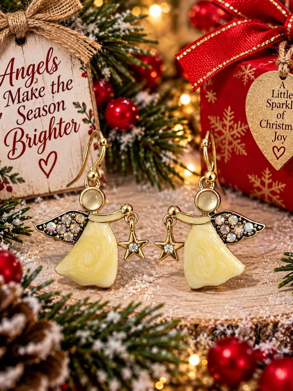 Gold Angel Drop Earrings with Cream Dresses and Crystal Wings